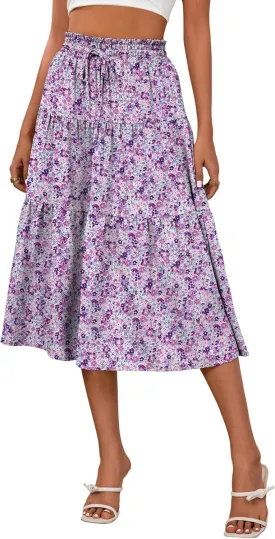 Anbech Women's Midi Skirt Elastic High Waisted Summer Pleated Beach Casual Skirts