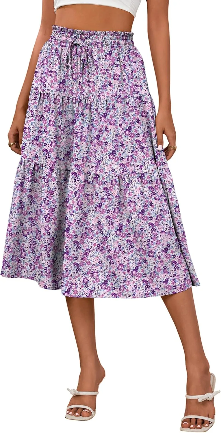 Anbech Women's Midi Skirt Elastic High Waisted Summer Pleated Beach Casual Skirts