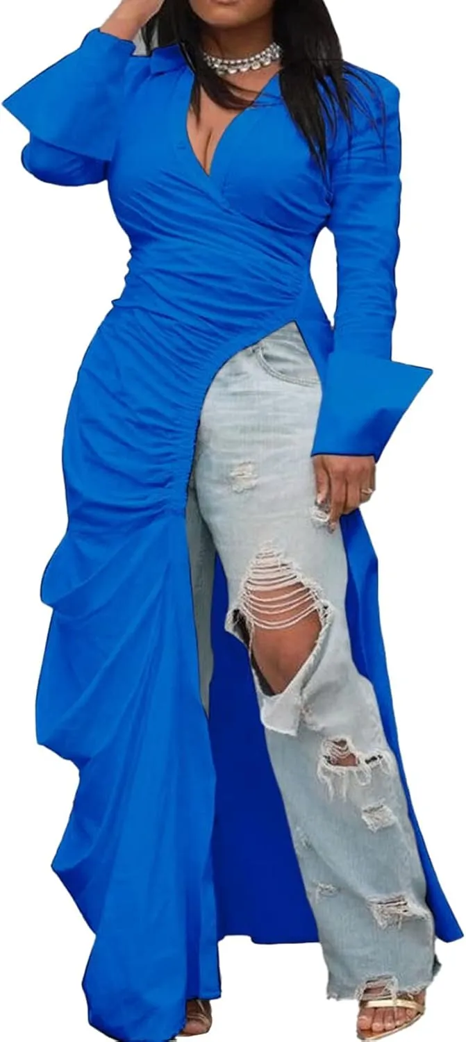 Choichic Women's Deep V Neck Ruched Long Sleeve Side Split High Low Irregular Hem Top Tunic Blouse Long Shirt Dress