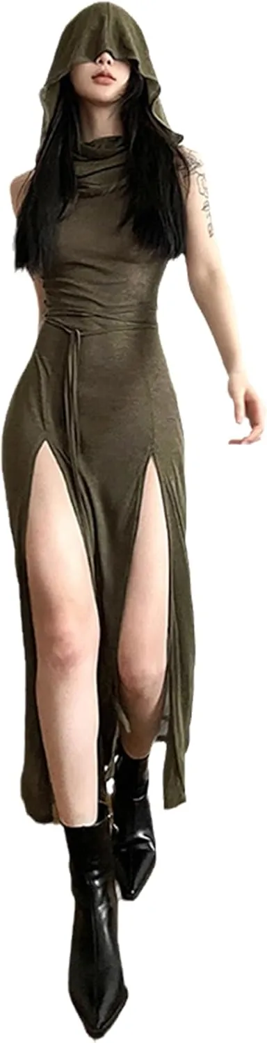 Cyber Goth Desert Walker Hooded Dresses Y2k Punk Grunge Hollow Out Midi Dress Women Sexy Split Side Solid Streetwear