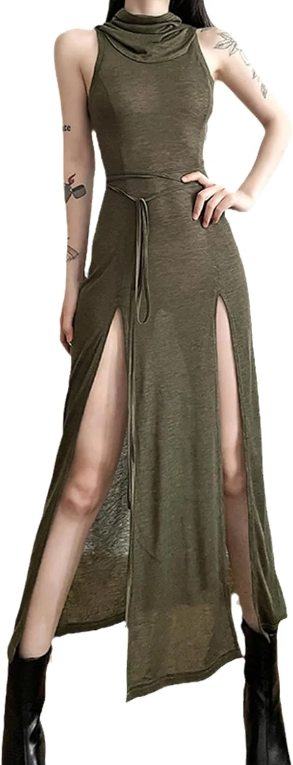 Cyber Goth Desert Walker Hooded Dresses Y2k Punk Grunge Hollow Out Midi Dress Women Sexy Split Side Solid Streetwear