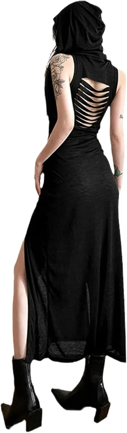 Cyber Goth Desert Walker Hooded Dresses Y2k Punk Grunge Hollow Out Midi Dress Women Sexy Split Side Solid Streetwear