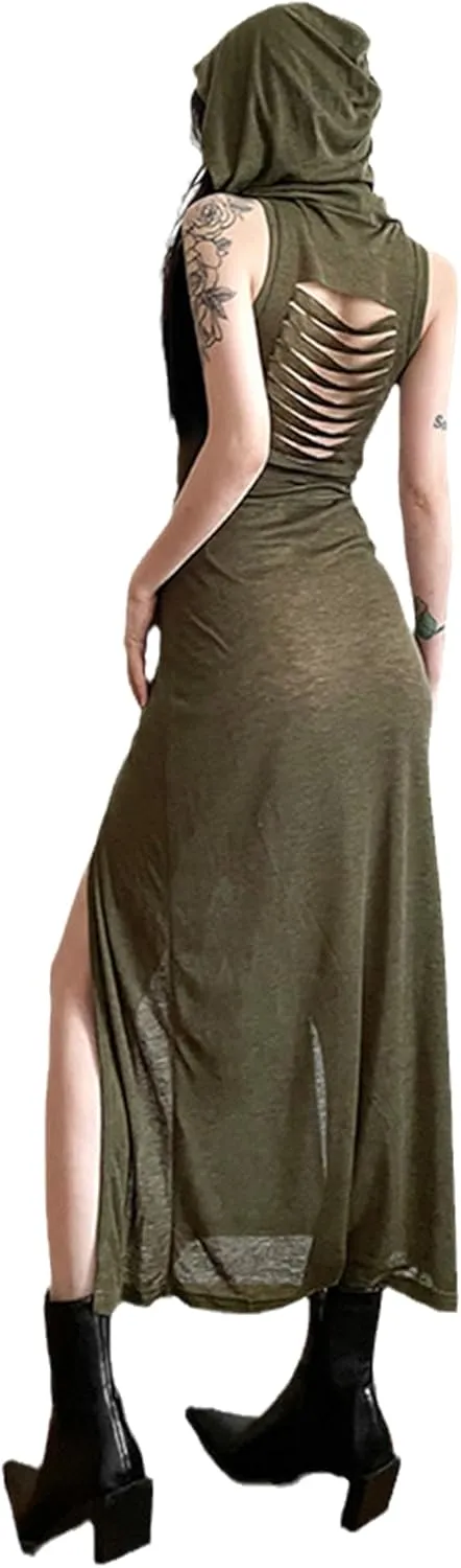 Cyber Goth Desert Walker Hooded Dresses Y2k Punk Grunge Hollow Out Midi Dress Women Sexy Split Side Solid Streetwear