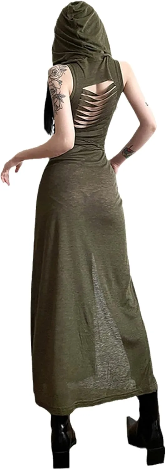 Cyber Goth Desert Walker Hooded Dresses Y2k Punk Grunge Hollow Out Midi Dress Women Sexy Split Side Solid Streetwear