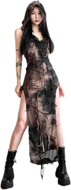 Cyber Goth Desert Walker Hooded Dresses Y2k Punk Grunge Hollow Out Midi Dress Women Sexy Split Side Solid Streetwear