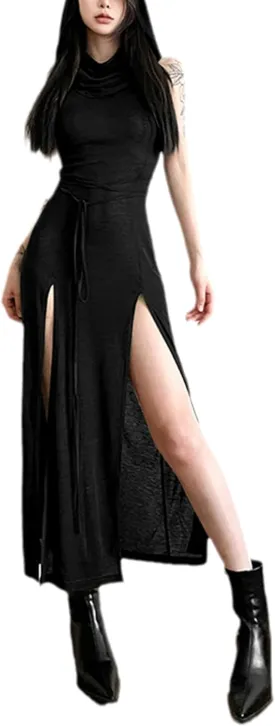Cyber Goth Desert Walker Hooded Dresses Y2k Punk Grunge Hollow Out Midi Dress Women Sexy Split Side Solid Streetwear