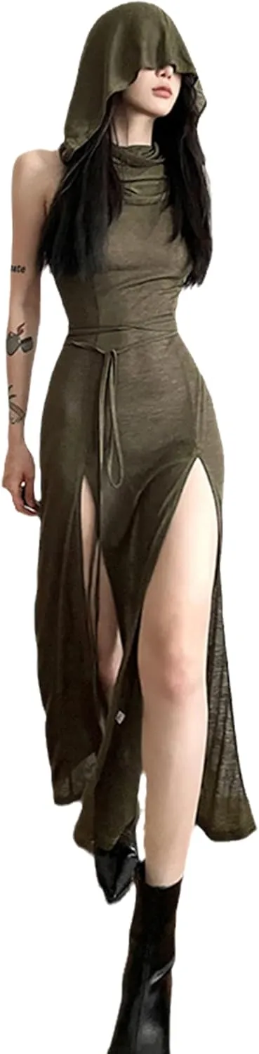 Cyber Goth Desert Walker Hooded Dresses Y2k Punk Grunge Hollow Out Midi Dress Women Sexy Split Side Solid Streetwear