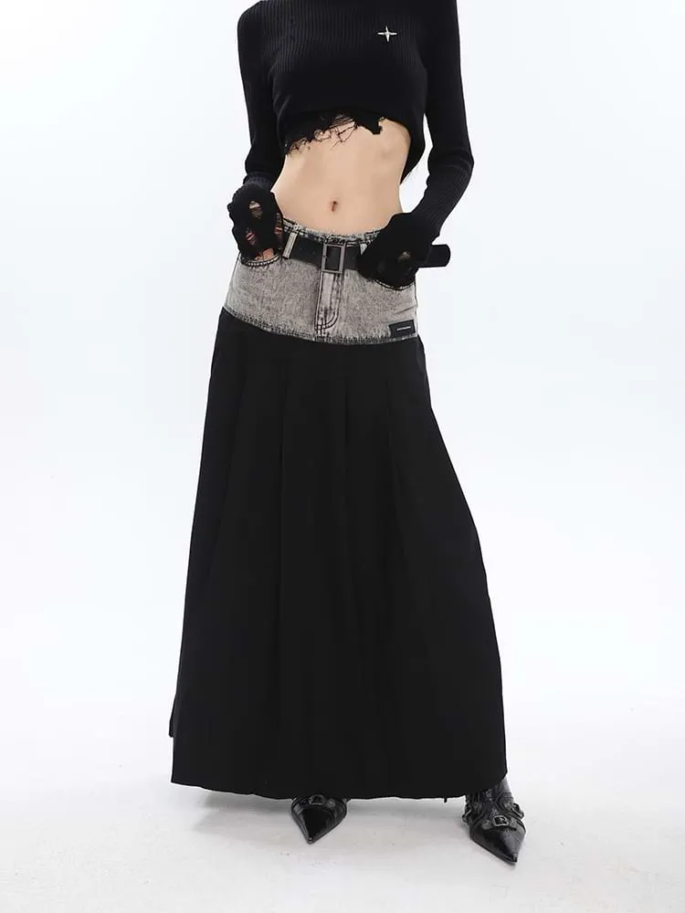 Denim Patchwork Pleated Midi Skirt