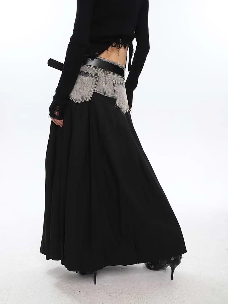 Denim Patchwork Pleated Midi Skirt