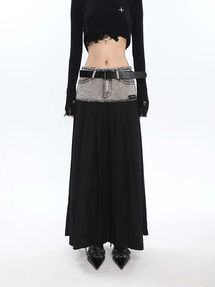 Denim Patchwork Pleated Midi Skirt