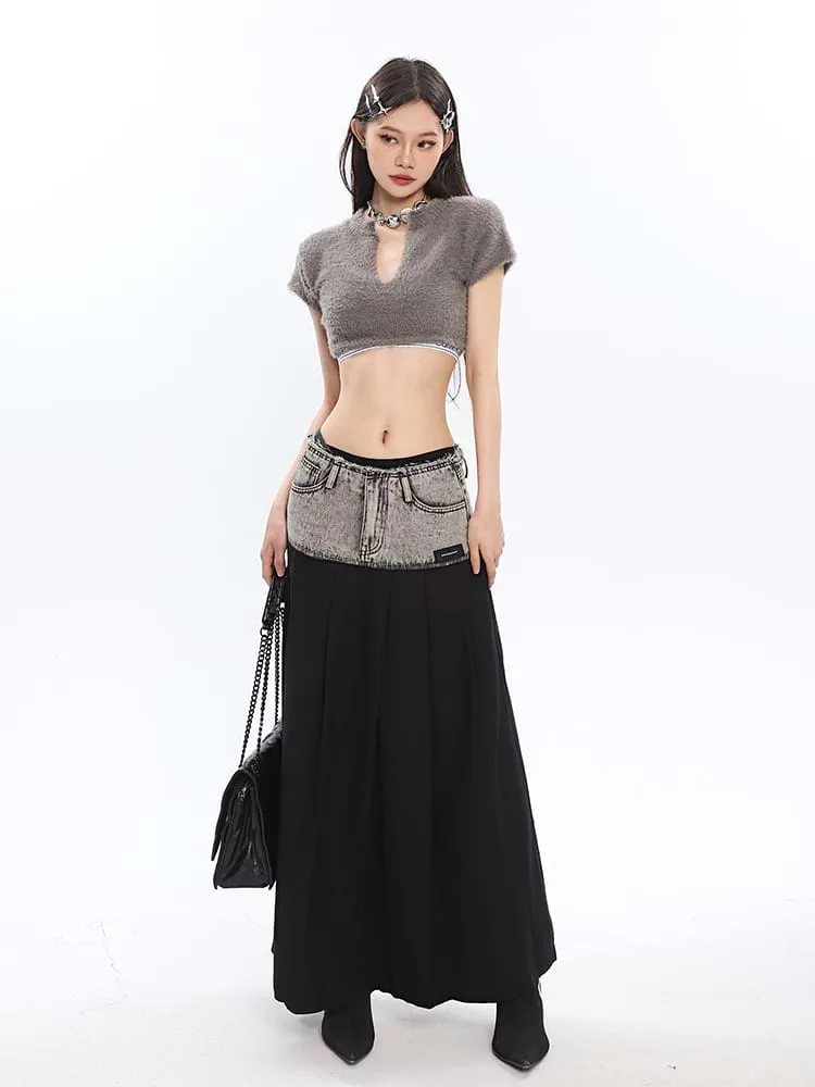 Denim Patchwork Pleated Midi Skirt