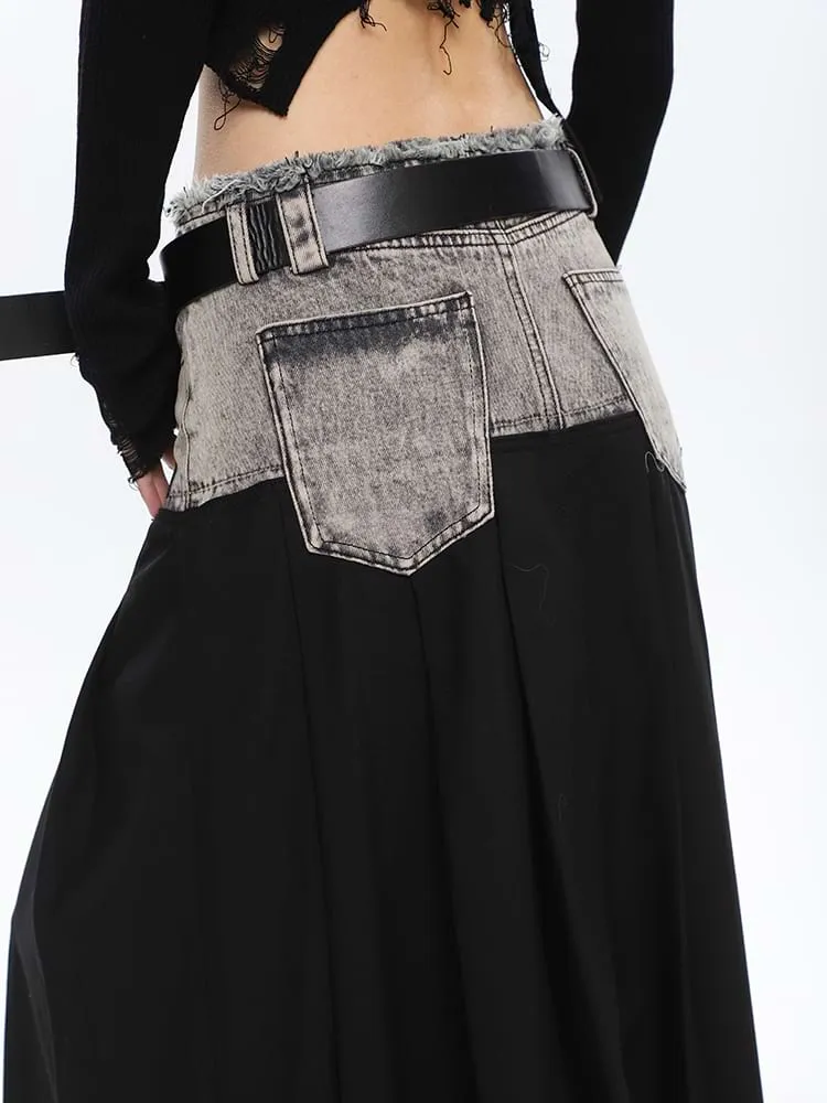 Denim Patchwork Pleated Midi Skirt