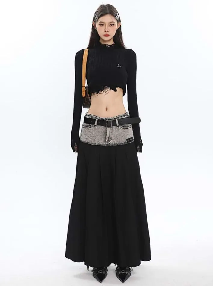 Denim Patchwork Pleated Midi Skirt