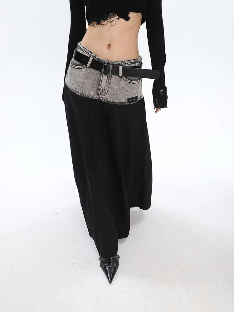 Denim Patchwork Pleated Midi Skirt