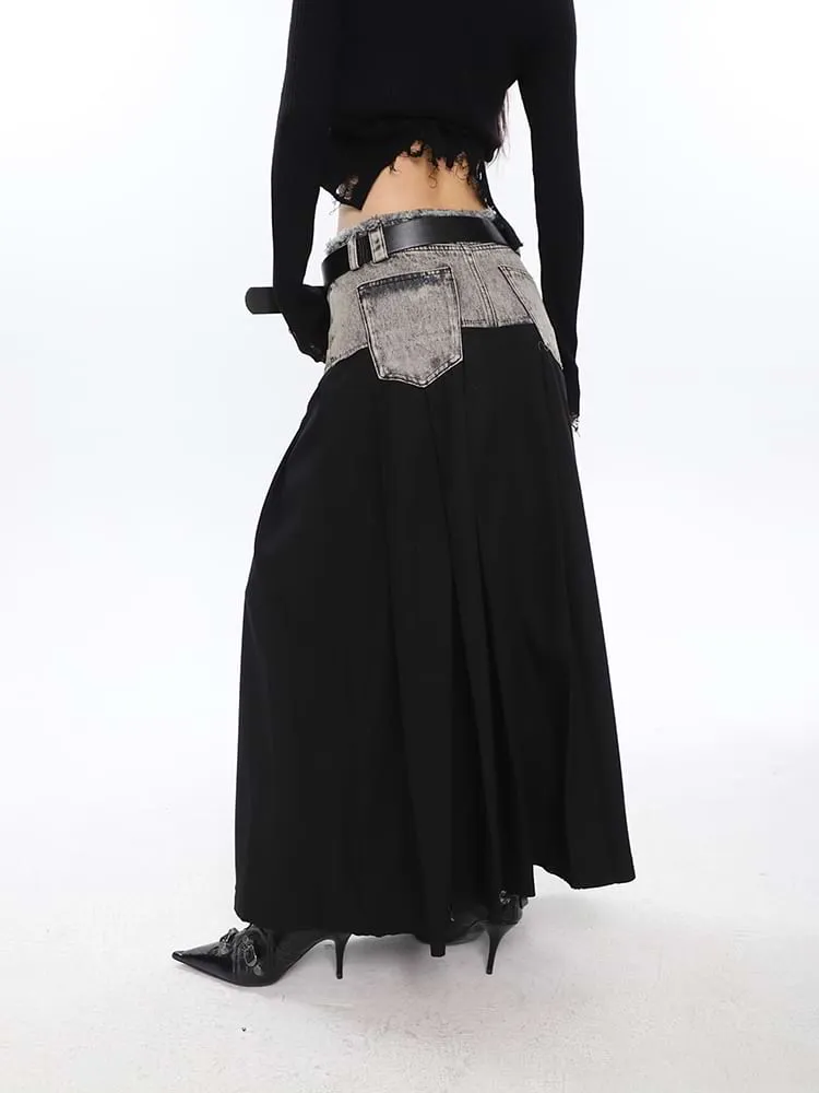 Denim Patchwork Pleated Midi Skirt