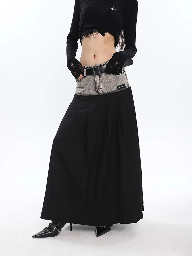 Denim Patchwork Pleated Midi Skirt