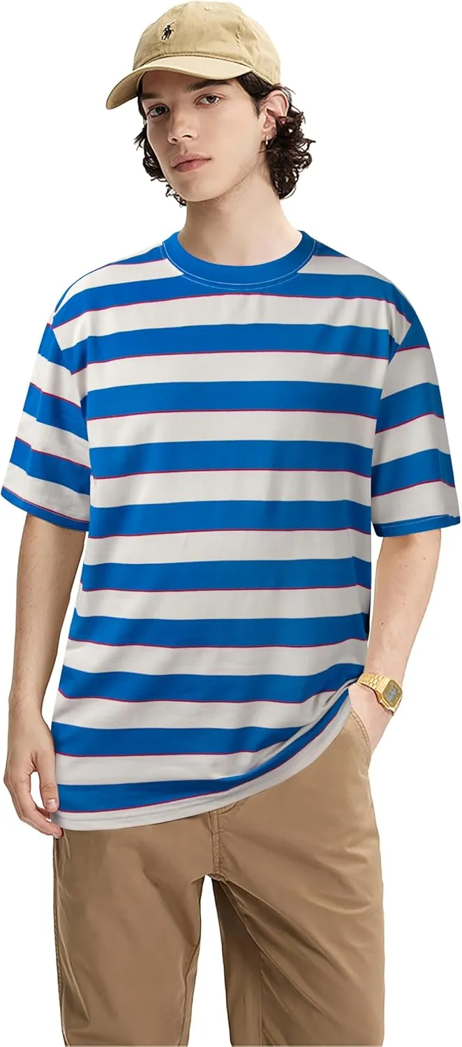Derminpro Men's Stripe Polo Shirts Short Sleeve Loose Fit Collared T-Shirts