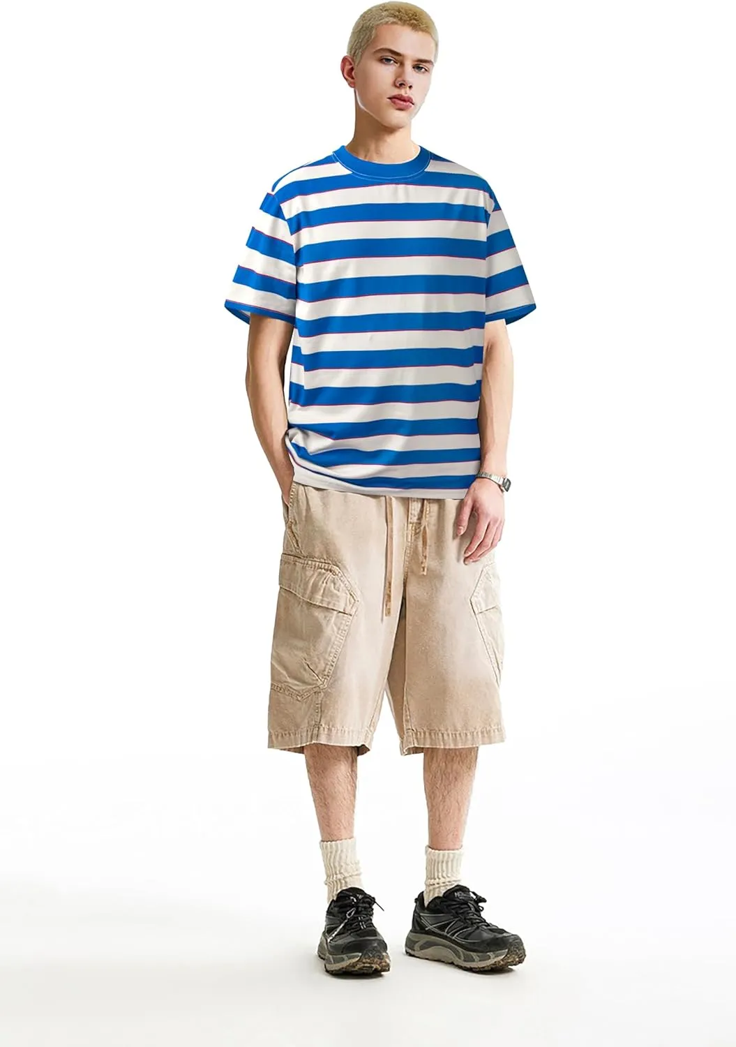 Derminpro Men's Stripe Polo Shirts Short Sleeve Loose Fit Collared T-Shirts