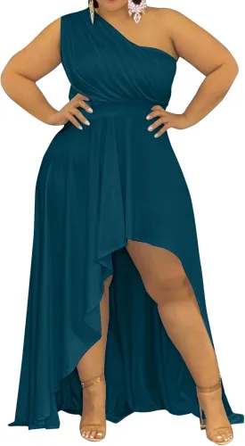 Ekaliy Women's Plus Size One Shoulder Dress Sexy High Low Irregular Hem Flowy Party Cocktail Maxi Dress