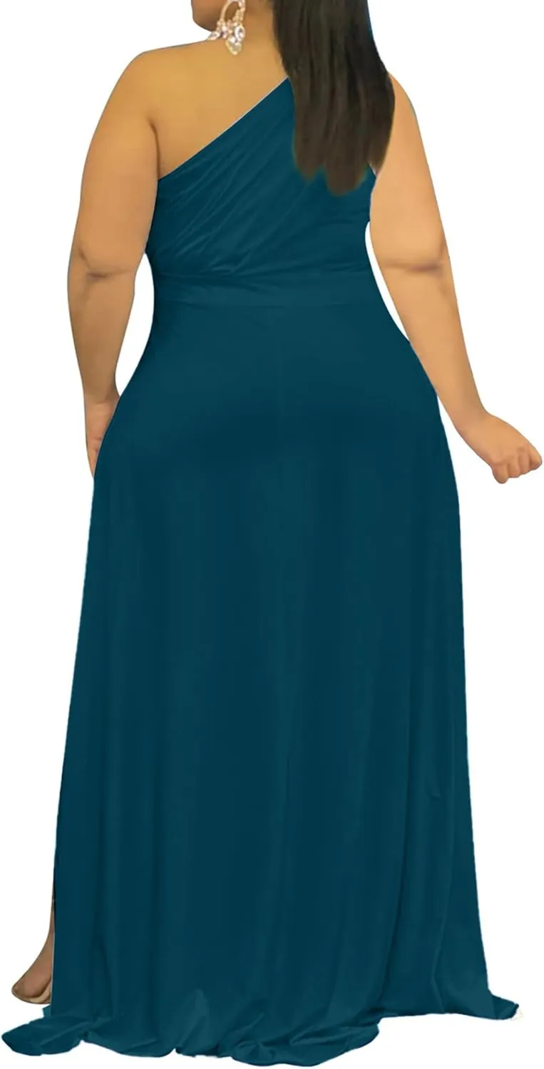Ekaliy Women's Plus Size One Shoulder Dress Sexy High Low Irregular Hem Flowy Party Cocktail Maxi Dress