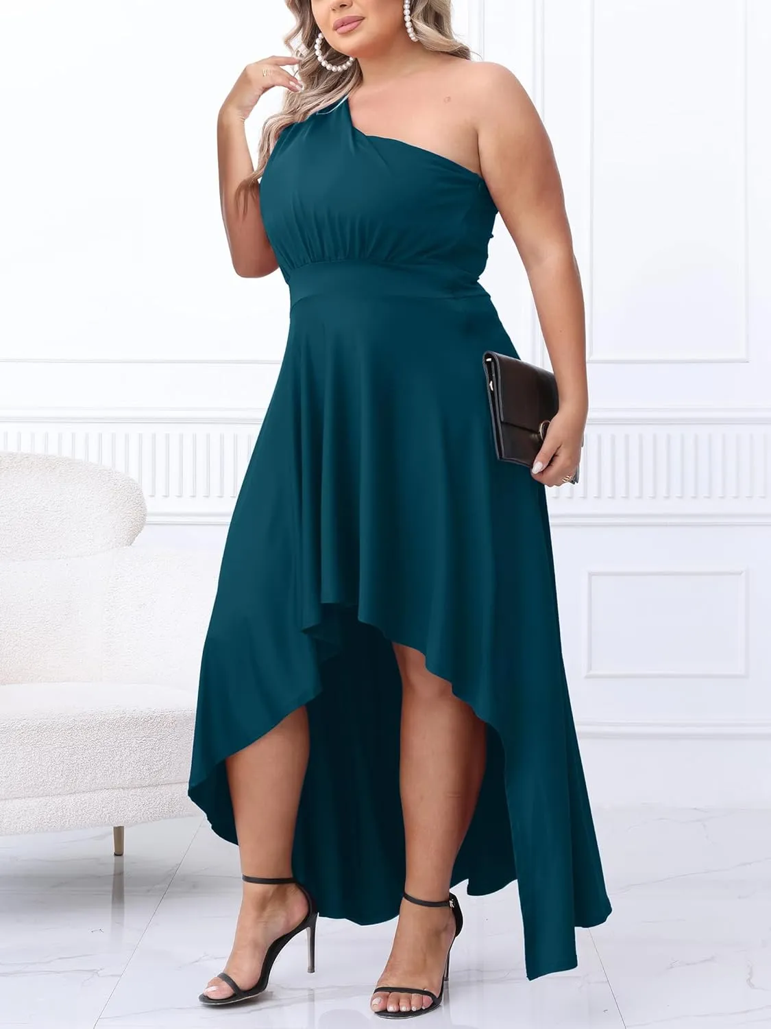 Ekaliy Women's Plus Size One Shoulder Dress Sexy High Low Irregular Hem Flowy Party Cocktail Maxi Dress