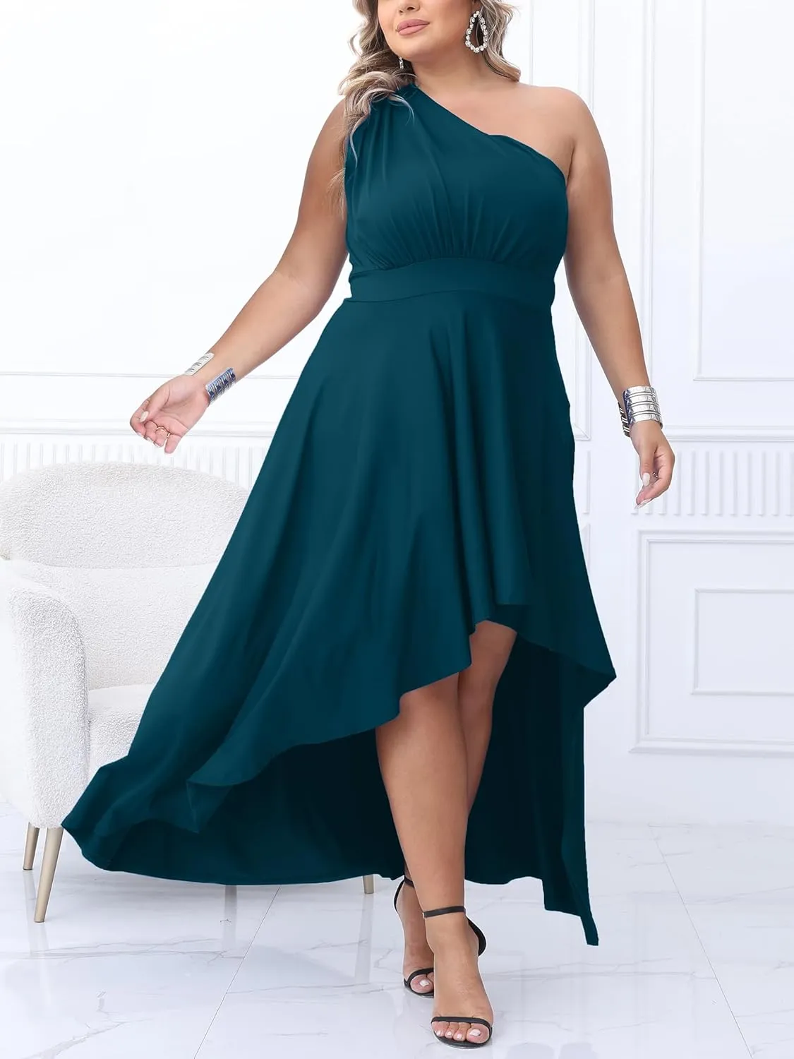 Ekaliy Women's Plus Size One Shoulder Dress Sexy High Low Irregular Hem Flowy Party Cocktail Maxi Dress