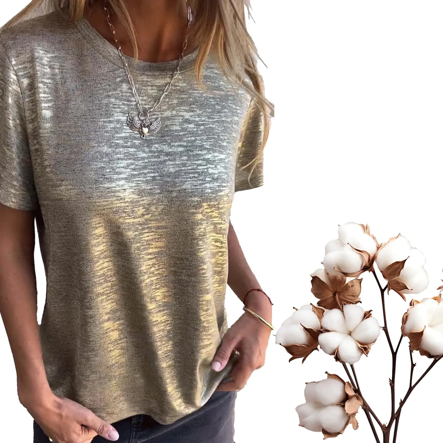 Emboadlie Gold Foil Short-Sleeved T-Shirt, Comfortable and Breathable, Suitable for Women's Casual Wear