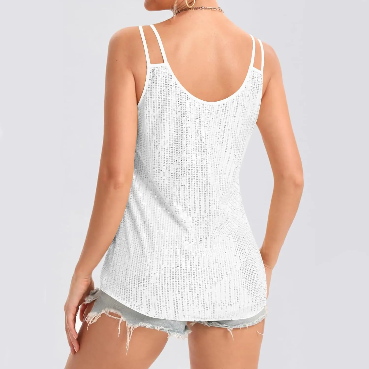 Finelylove Sequin Tops for Women Dressy V Neck Sexy Sparkly Glitter Cami Tank Tops Fashion Las Vegas Disco Club Party Outfits