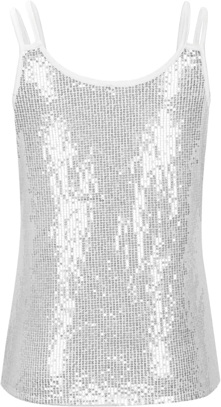 Finelylove Sequin Tops for Women Dressy V Neck Sexy Sparkly Glitter Cami Tank Tops Fashion Las Vegas Disco Club Party Outfits