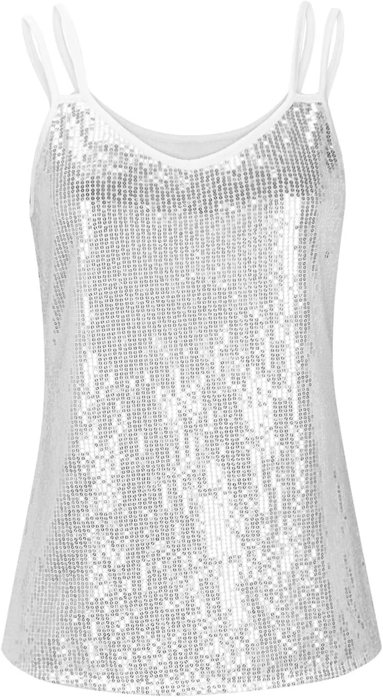 Finelylove Sequin Tops for Women Dressy V Neck Sexy Sparkly Glitter Cami Tank Tops Fashion Las Vegas Disco Club Party Outfits