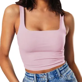 GEMBERA Women's Sexy Sleeveless Strappy Square Neck Crop Tank Top Fitted Gym Stretchy Cropped Tank