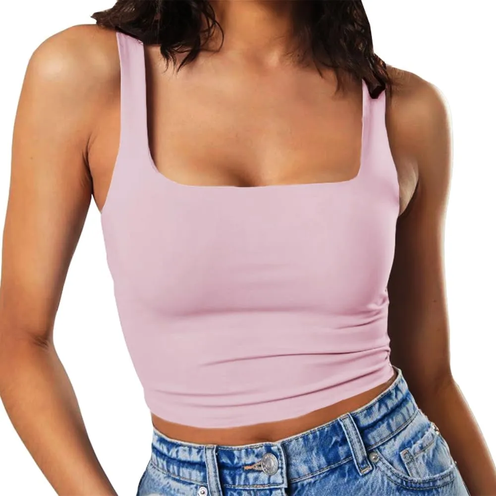 GEMBERA Women's Sexy Sleeveless Strappy Square Neck Crop Tank Top Fitted Gym Stretchy Cropped Tank