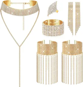 HAIAISO 7 Pieces    for Women    Tennis Stretch Bracelet Dangle Earrings Diamond Ring    Wedding Bridal Prom Party Jewelry