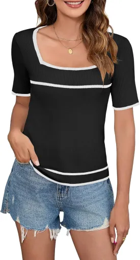Iandroiy Women's Square Neck Short Sleeve Knit Tops Slim Fit Y2K Color Block T-Shirts