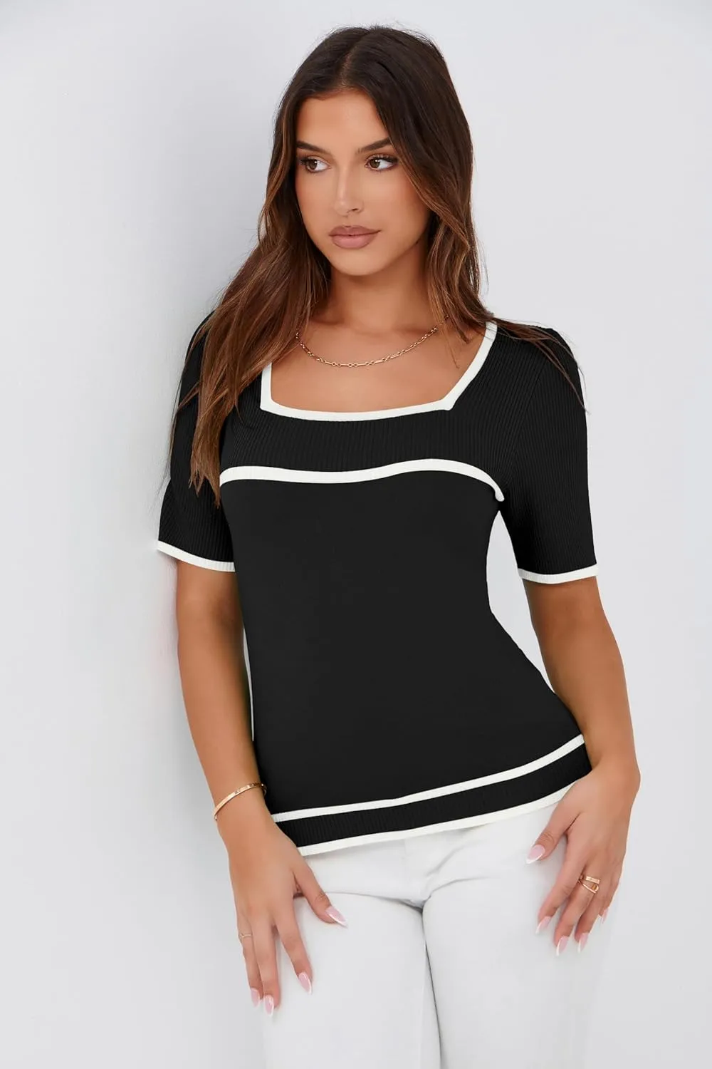Iandroiy Women's Square Neck Short Sleeve Knit Tops Slim Fit Y2K Color Block T-Shirts