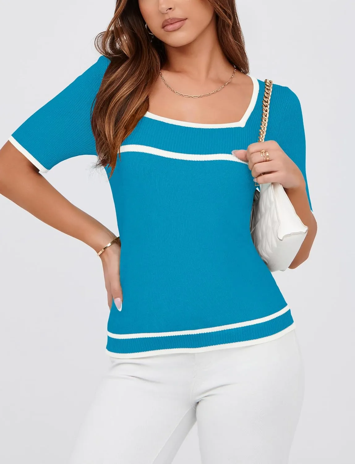 Iandroiy Women's Square Neck Short Sleeve Knit Tops Slim Fit Y2K Color Block T-Shirts