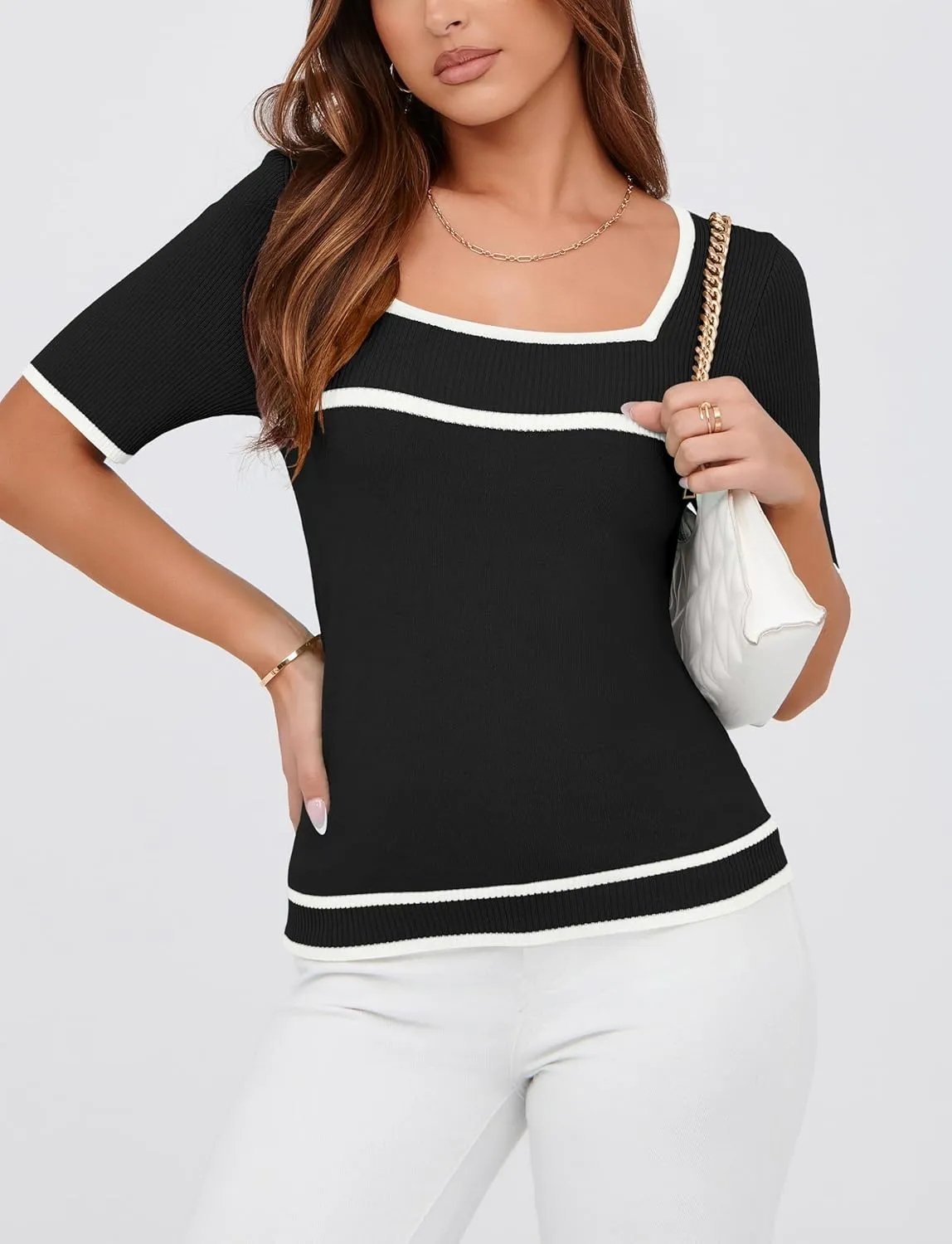Iandroiy Women's Square Neck Short Sleeve Knit Tops Slim Fit Y2K Color Block T-Shirts