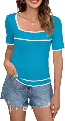 Iandroiy Women's Square Neck Short Sleeve Knit Tops Slim Fit Y2K Color Block T-Shirts