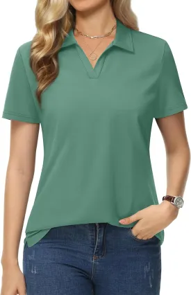 MAGCOMSEN Women's Polo Shirts Cotton Short Sleeve V-Neck Collared Tops Golf Shirt Work Casual Summer Tee
