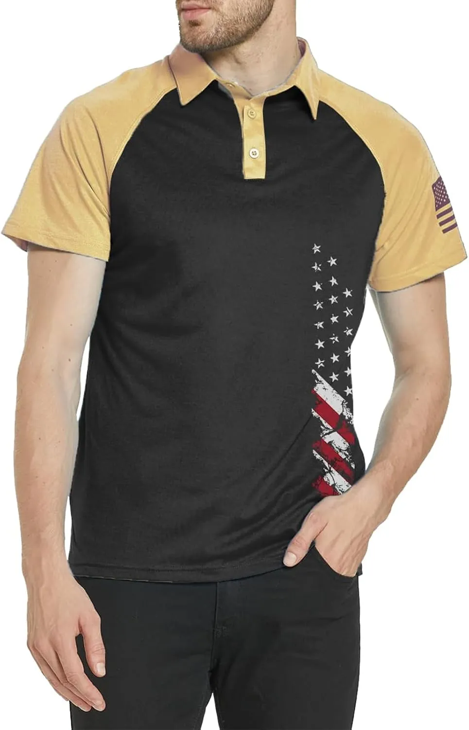 Men's Polo Shirt Short Sleeve Quick Dry American Flag Print Graphic Split Color Golf Shirt for Sport