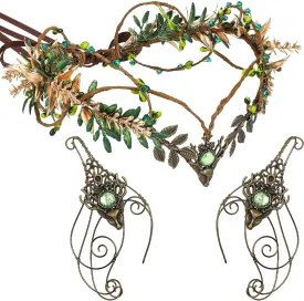 MOSTORY Medieval Fairy Accessories Set - Renaissance Woodland Crown and Elf Ears Cuffs Set Flower Crown and Cuff Earrings for Women Renfaire Outfit Halloween Cosplay Fantasy Costume