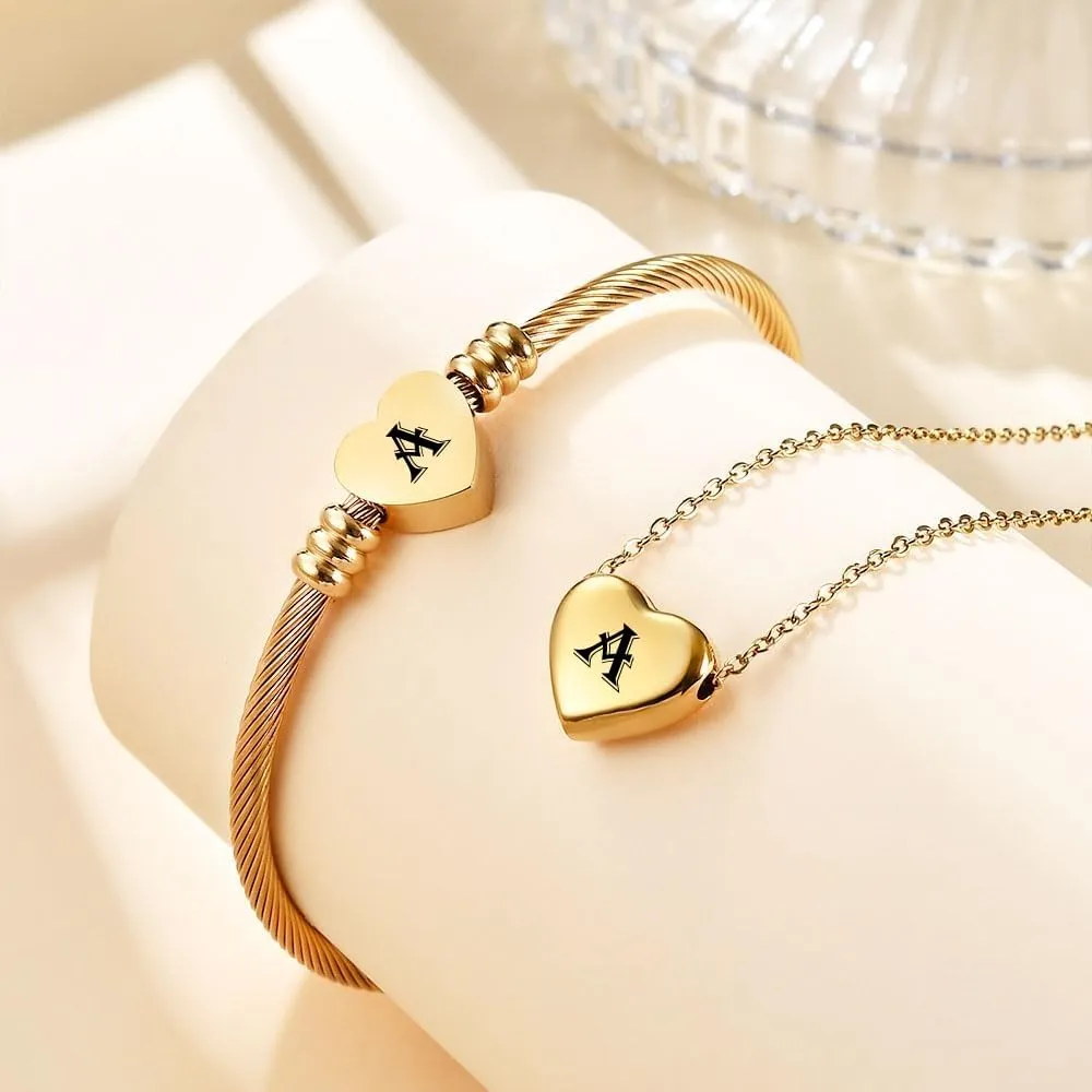 MYNENEY NIBASTAR Heart Name Necklace and Bracelet for Women Stainless Steel A-Z letters Initial Statement Jewelry Set for Mother's Day