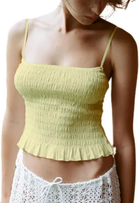 NUFIWI Women Shirred Cami Backless Spaghetti Strap Crop Top Smocked Sleeveless Sexy Ruched Tank Tops Trendy Streetwear