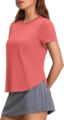 PINSPARK Workout Tops for Women UPF 50  Yoga Shirts Short Sleeve Athletic Tops with Side Slits Running Gym Tee Top Loose Fit