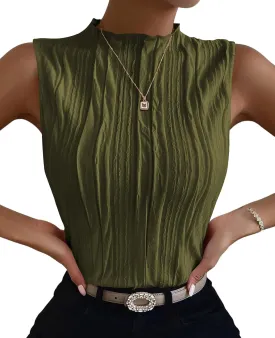 Poetsky Womens Summer Textured Tank Tops Sleeveless Mock Neck Tank Slim Fit Shirt Blouse