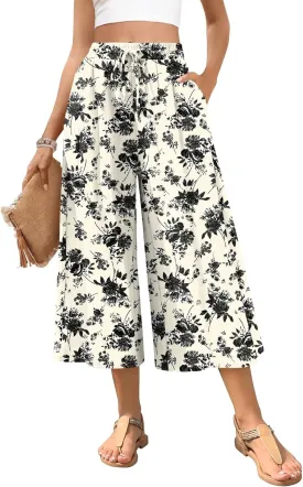 POPYOUNG Womens Capri Pants Wide Leg High Waisted Palazzo Lounge Pants Drawstring Casual Trousers with Pockets