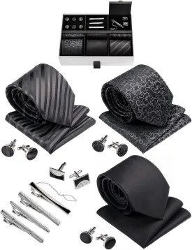 Premium Mens Gift Tie Set Silky Necktie Pocket Squares Tie Clips Cufflinks For Men
