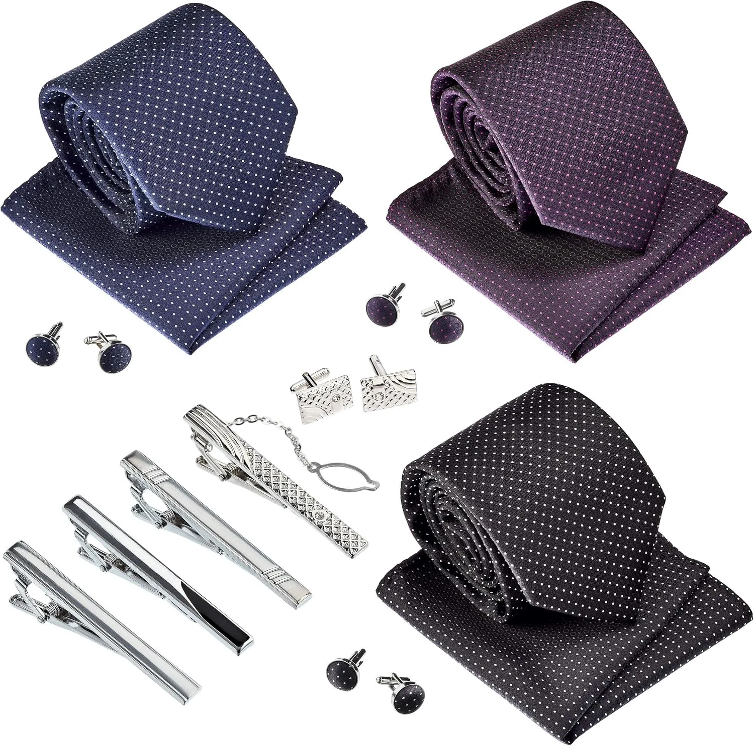 Premium Mens Gift Tie Set Silky Necktie Pocket Squares Tie Clips Cufflinks For Men
