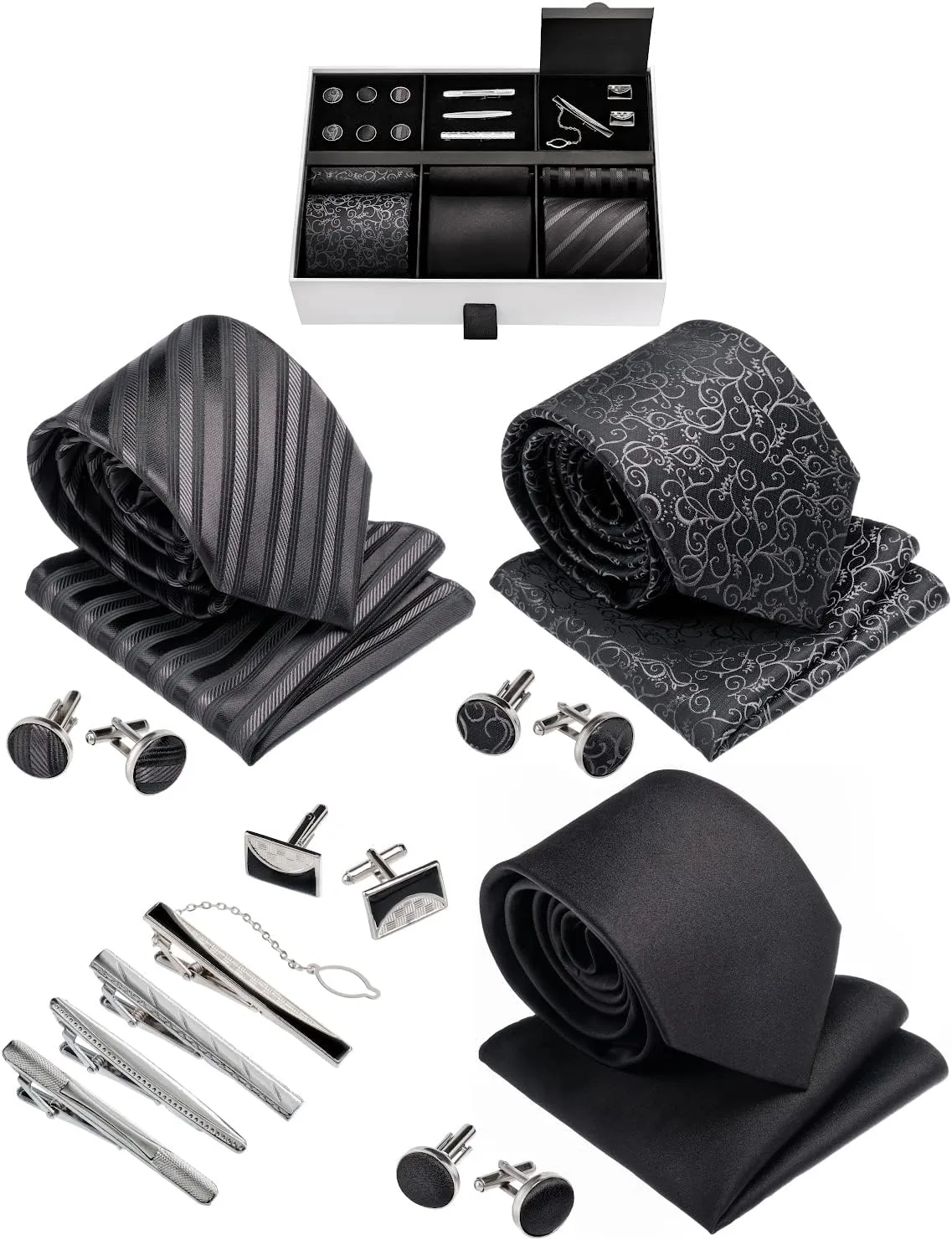 Premium Mens Gift Tie Set Silky Necktie Pocket Squares Tie Clips Cufflinks For Men