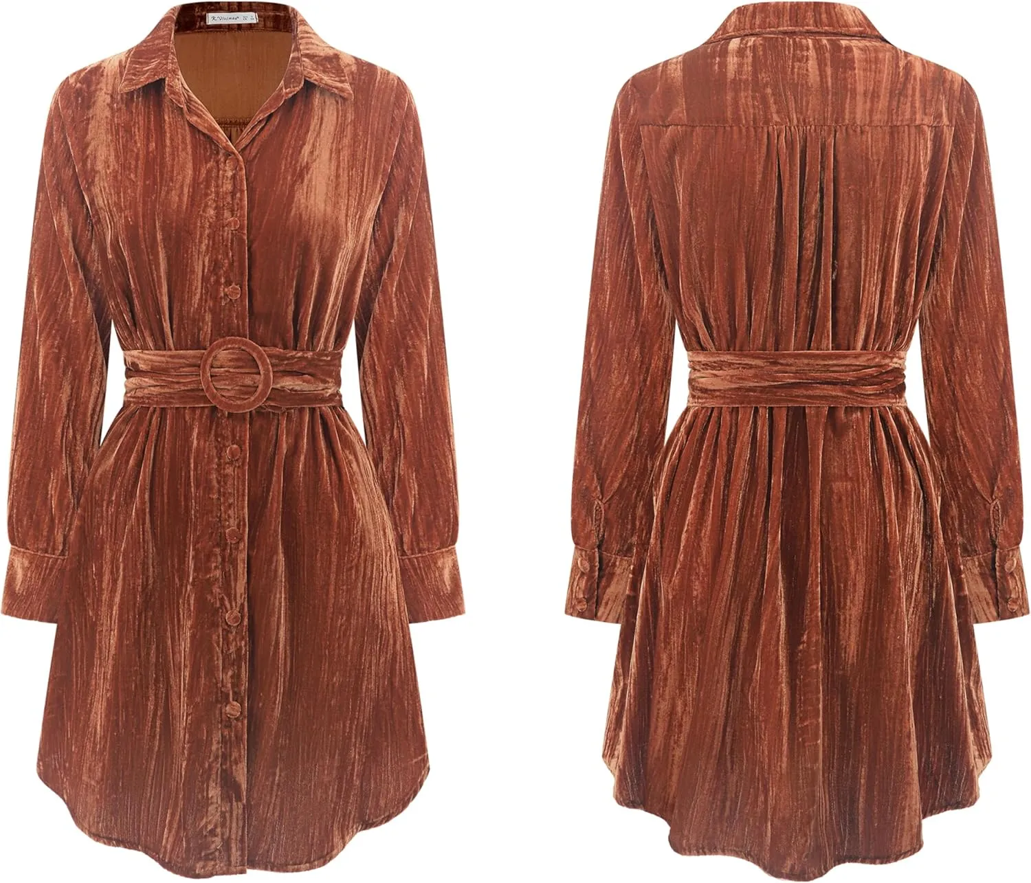 R.Vivimos Women's Shirt Dress Fall Velvet Button Down Long Sleeve Casual Mini Dress with Belt